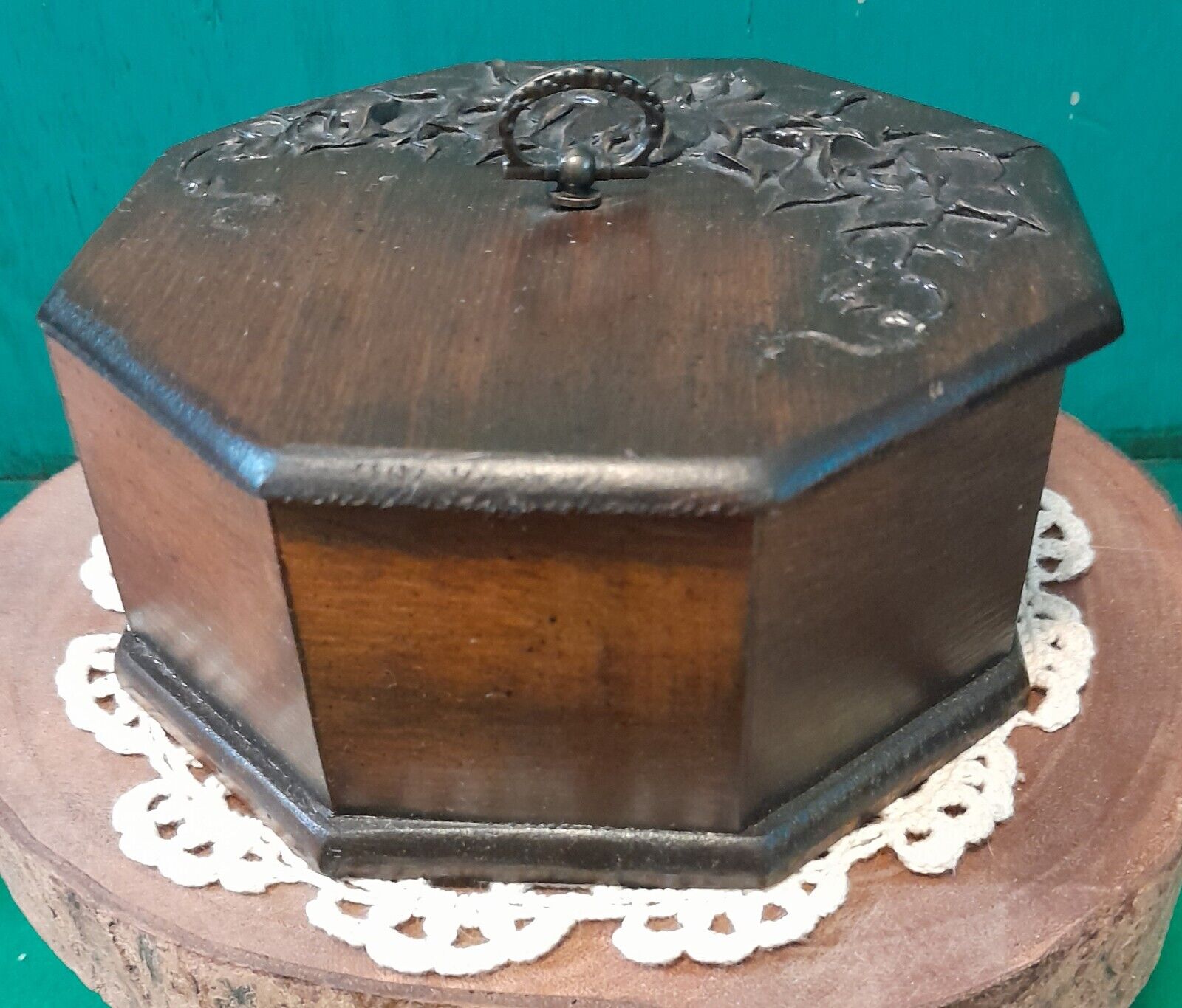 Handmade Octagon Wooden Box With Flowers On  Lid