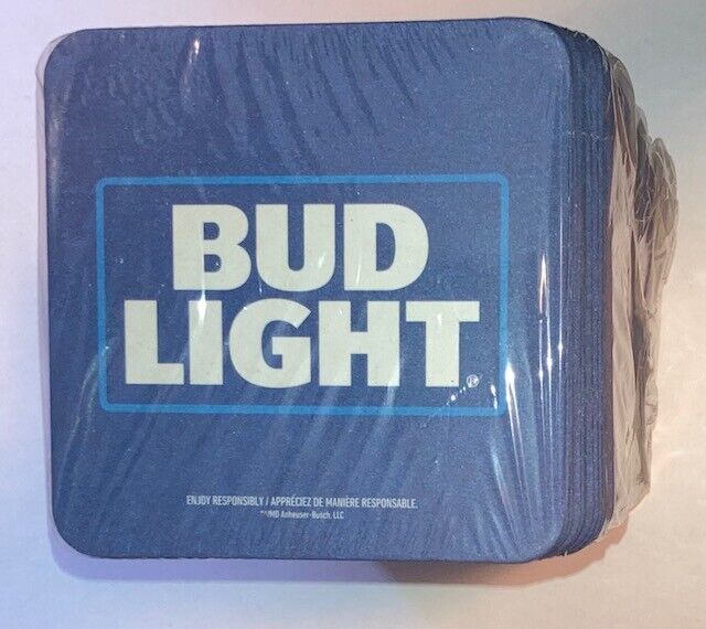 Pack of 100, BUD LIGHT Bar Coaster 4 inch x 4 inch 2-sided NEW Sealed Blue