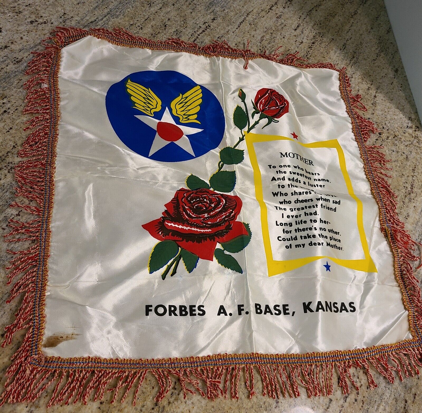 Vtg. Forbes Air Force Base Kansas Souvenir Dear Mother Satin Pillow Case