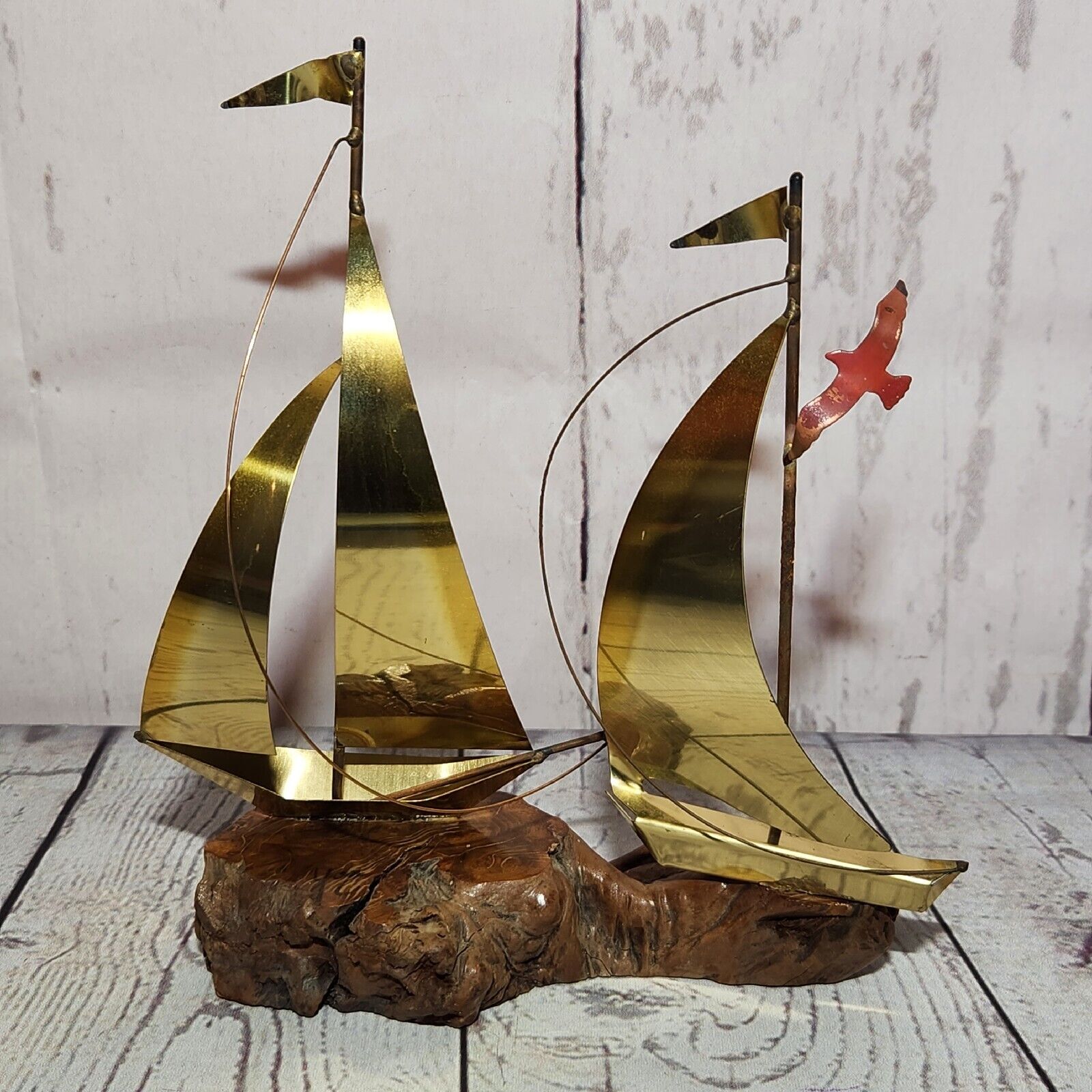 Vintage Pair of Brass Sailboat Sculptures on Solid Wood Base Nautical Home Decor