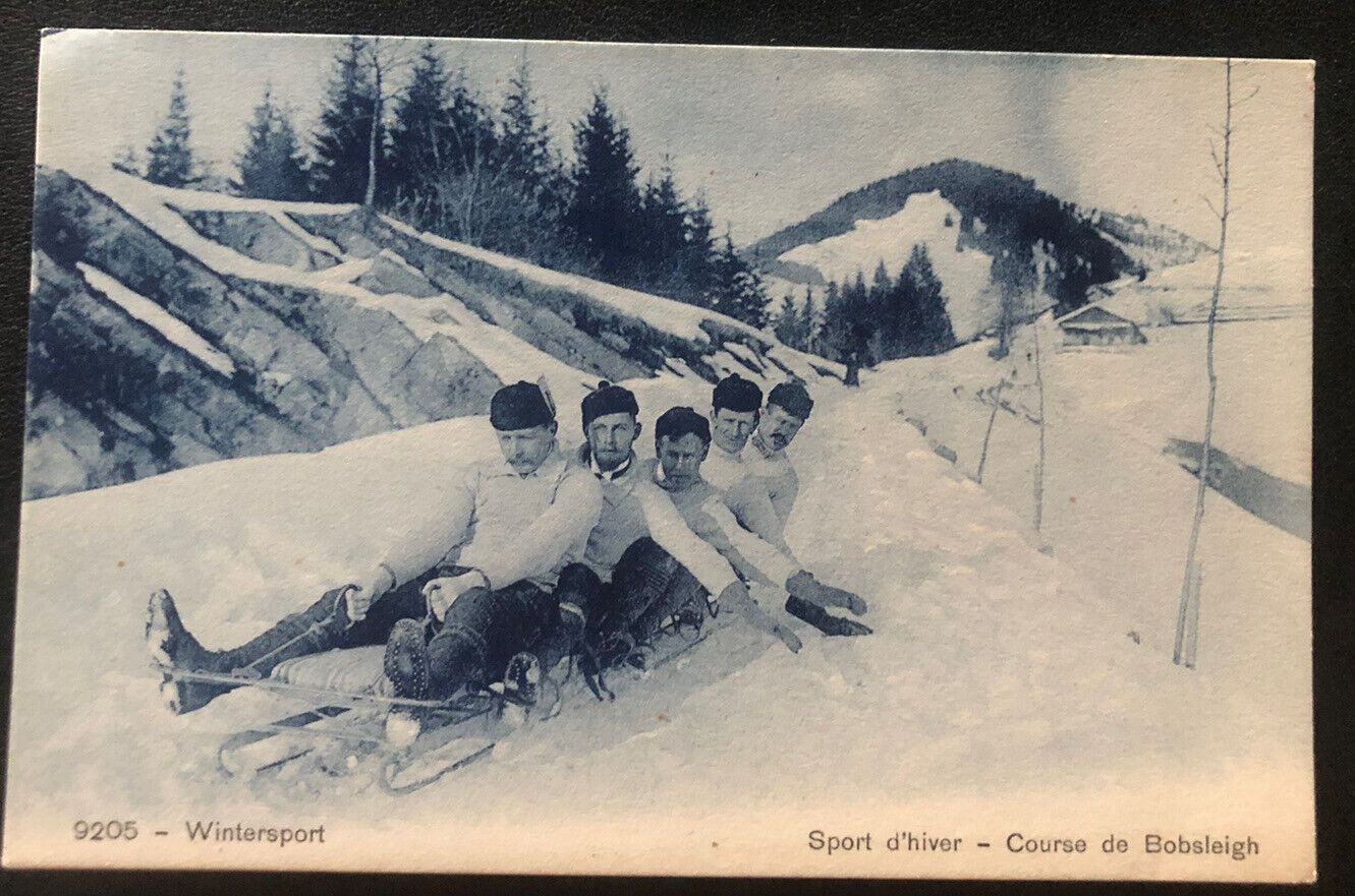 Group Of Men Bobsledding Bobsleigh Winter Sport Vintage Postcard F9