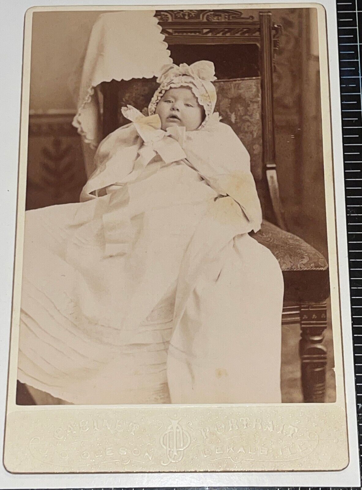 RARE c.1880 EMBOSSED CABINET CARD NEWBORN BABY J.O. OLESON PHOTO DEKALB ILLINOIS