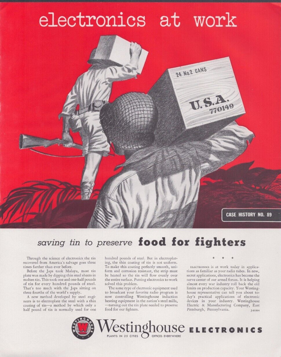 1943 Print Ad Westinghouse Electronics Saving Tin to Preserve Food Illus WWII