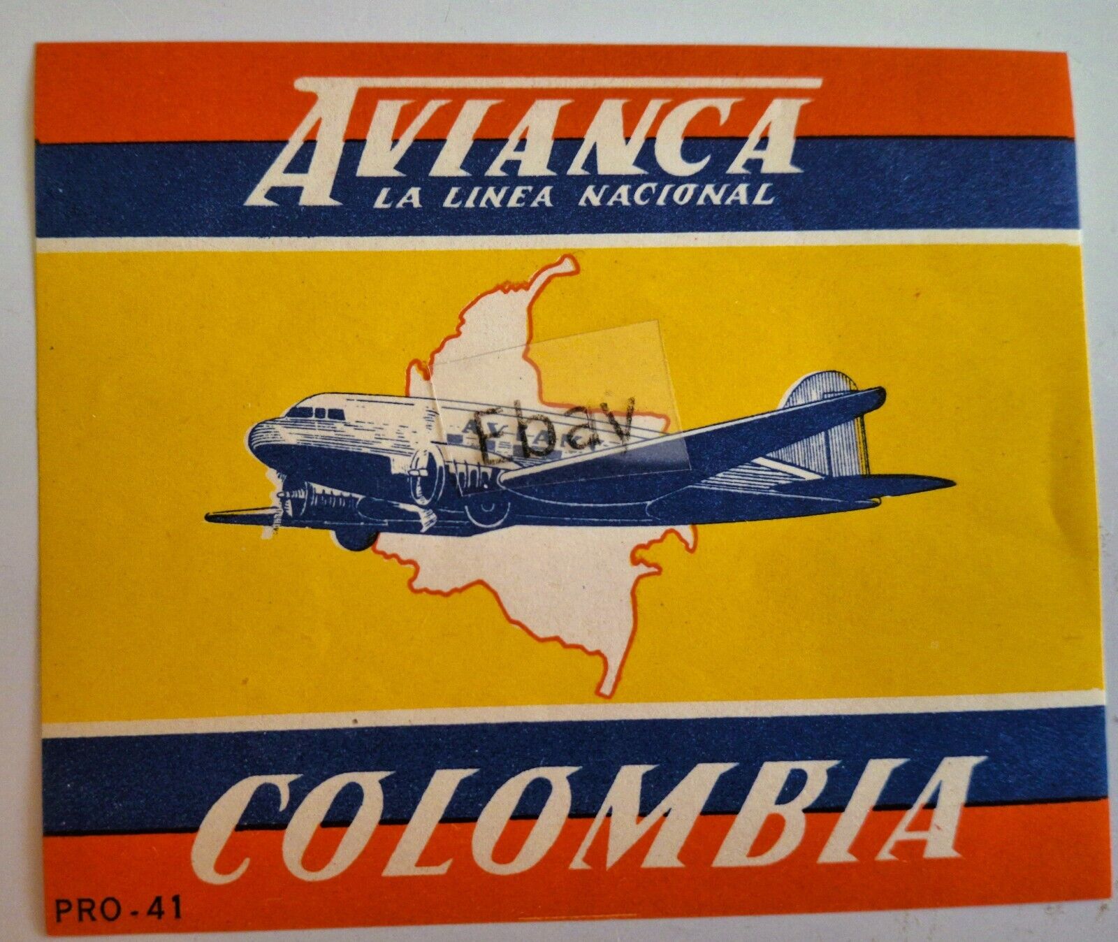 AVIANCA Columbia  Baggage Label DC-3 Original 1940\'s-50\'s 3 1/4in x 2 3/4in