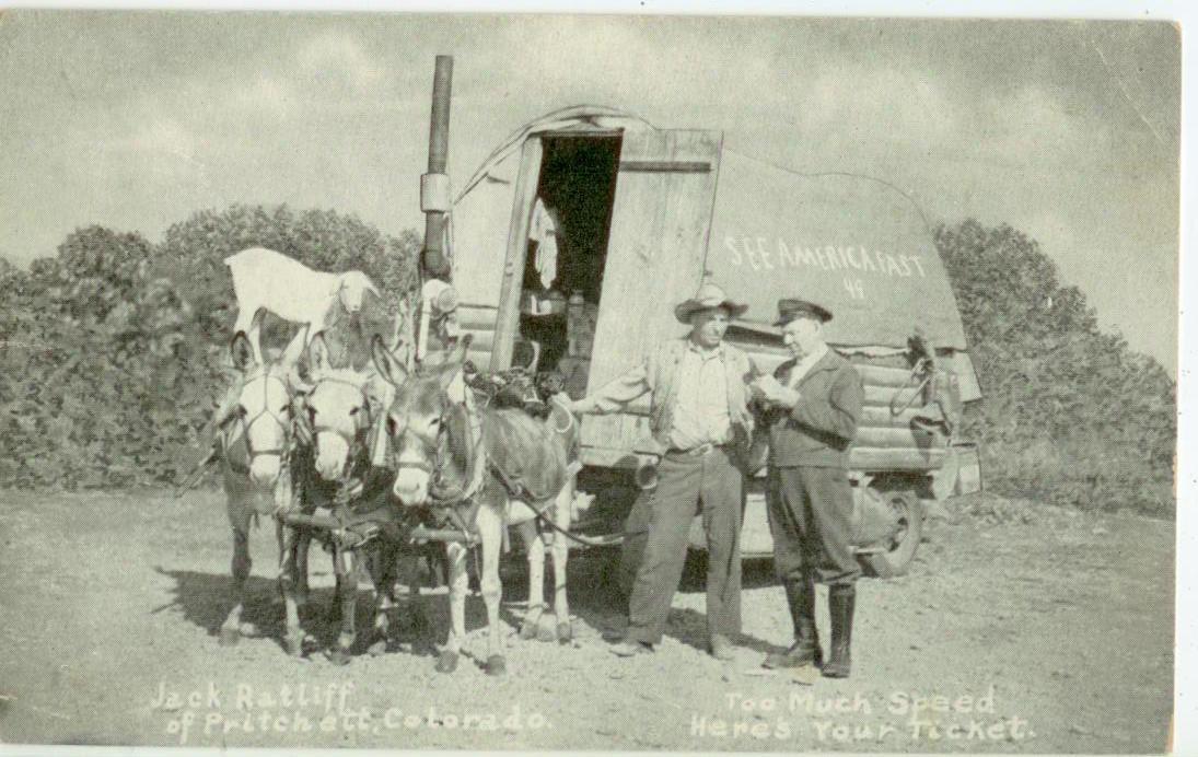 c1940 Pritchett Colorado Jack Ratliff and his mule-drawn house wagon