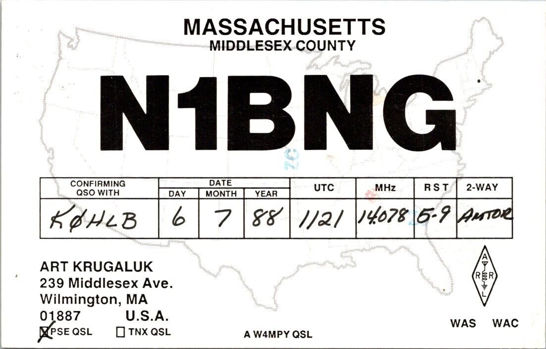 VTG HAM RADIO CQ QSL QSO POSTCARD N1BNG WILMINGTON MASSACHUSETTS USA 1988 STAMP
