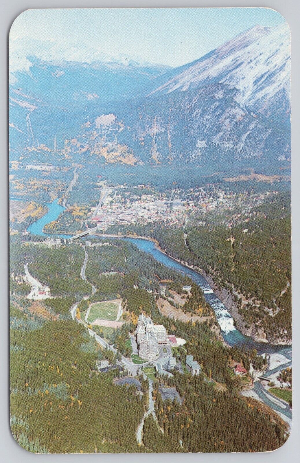 Banff Alberta Canada, Banff Springs Hotel Bow Falls Aerial View Vintage Postcard