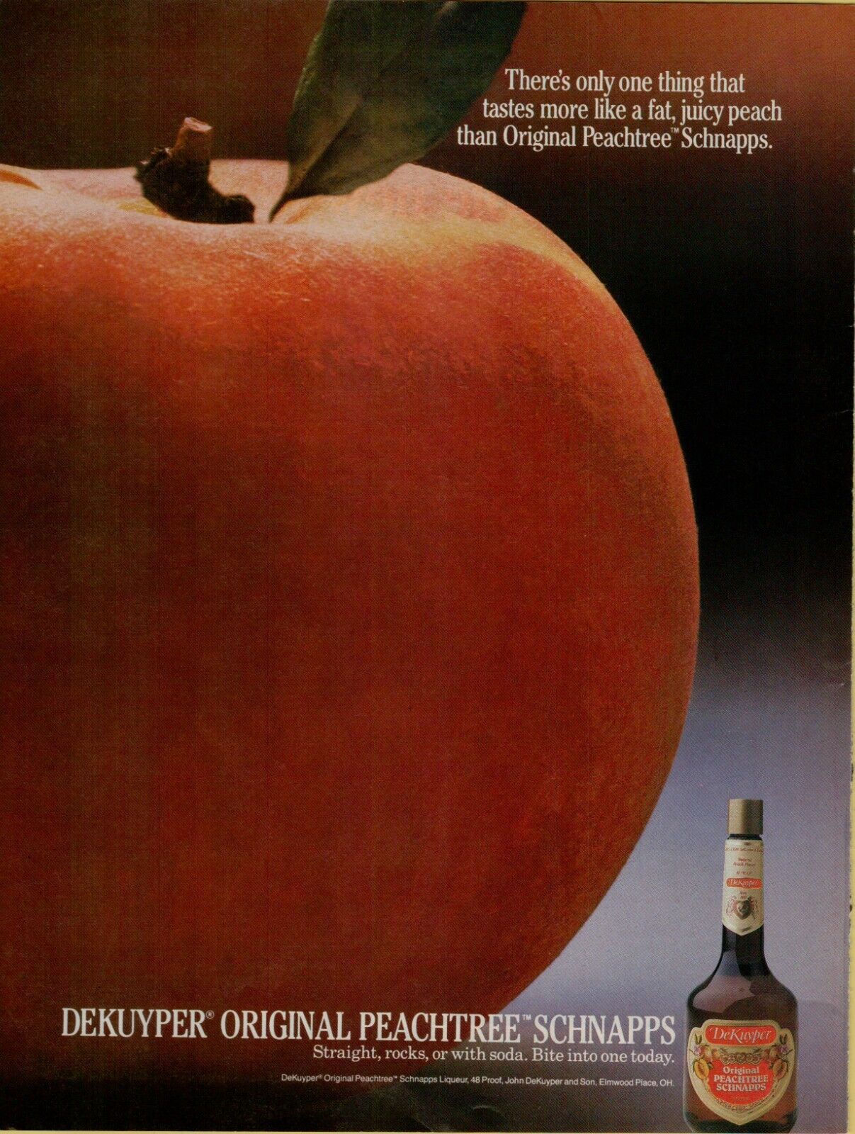 1986 DE Kuyper Original Peachtree Schnapps Bite Into One Today Vintage Print Ad
