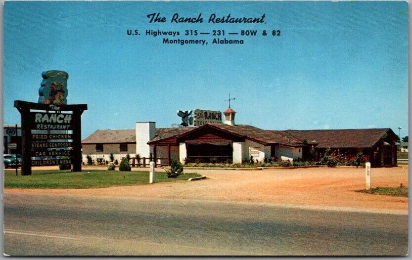 Montgomery, Alabama Postcard THE RANCH RESTAURANT Highway 80 Roadside c1960s