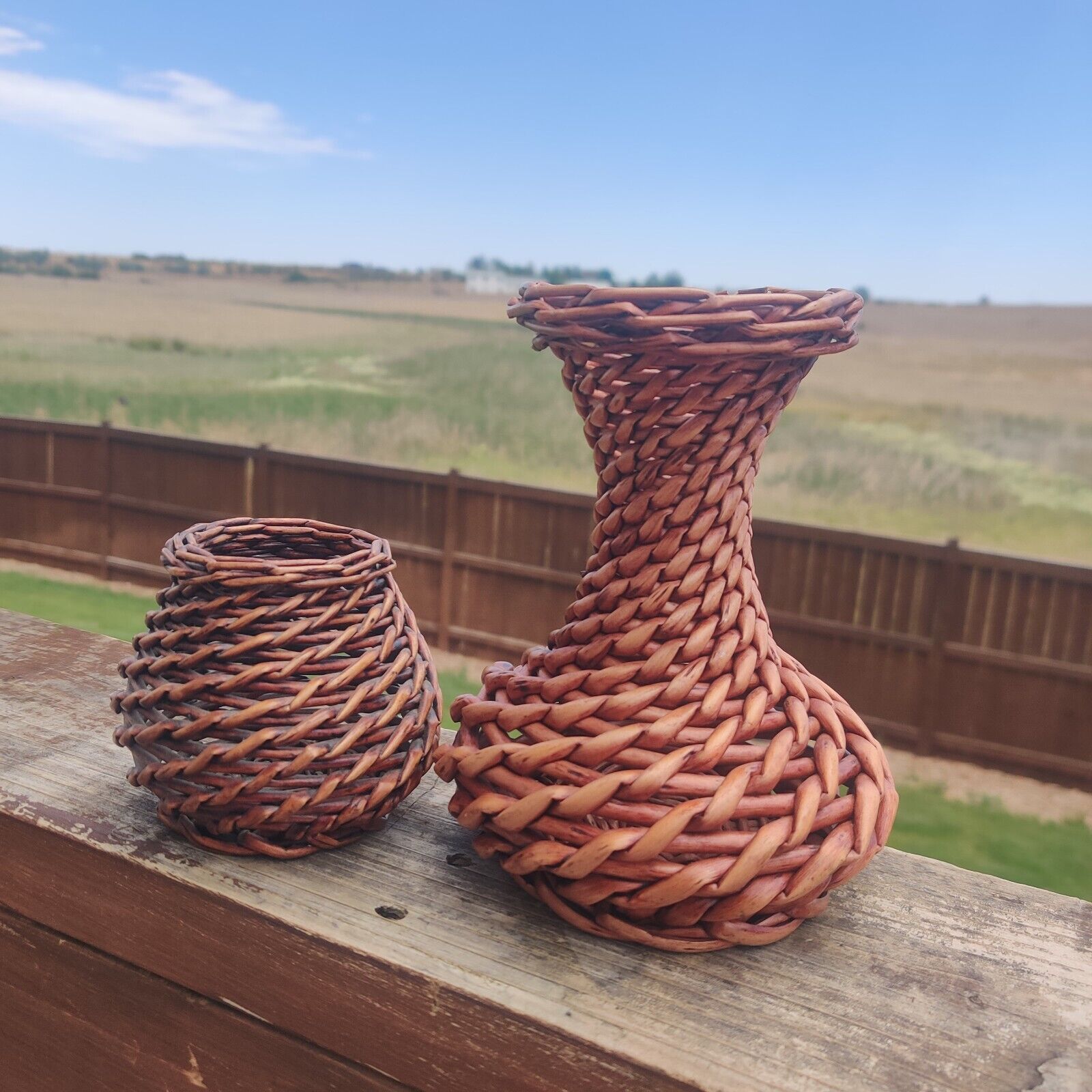Set Of Two Wicker Woven Vases 3.5x4