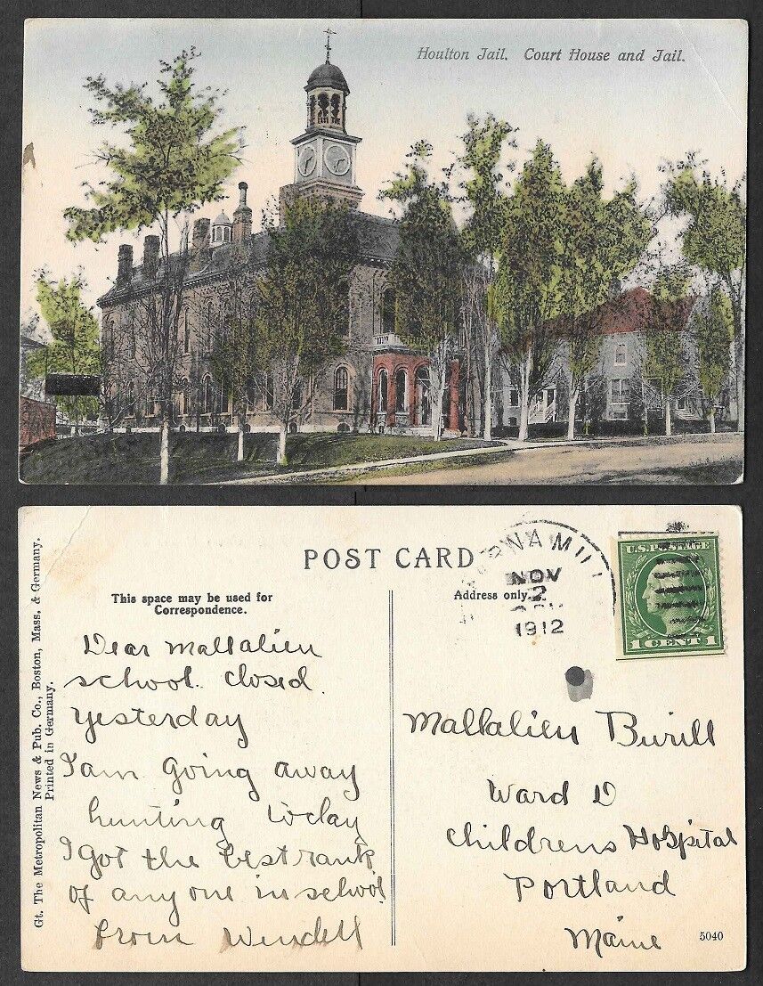 1912 Massachusetts Postcard - Houlton Jail - Court House and Jail  