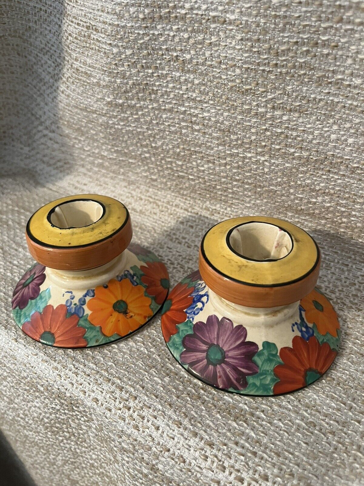 Pair Of Clarice Cliff Gayday Bizarre Original Hand painted Candleholders