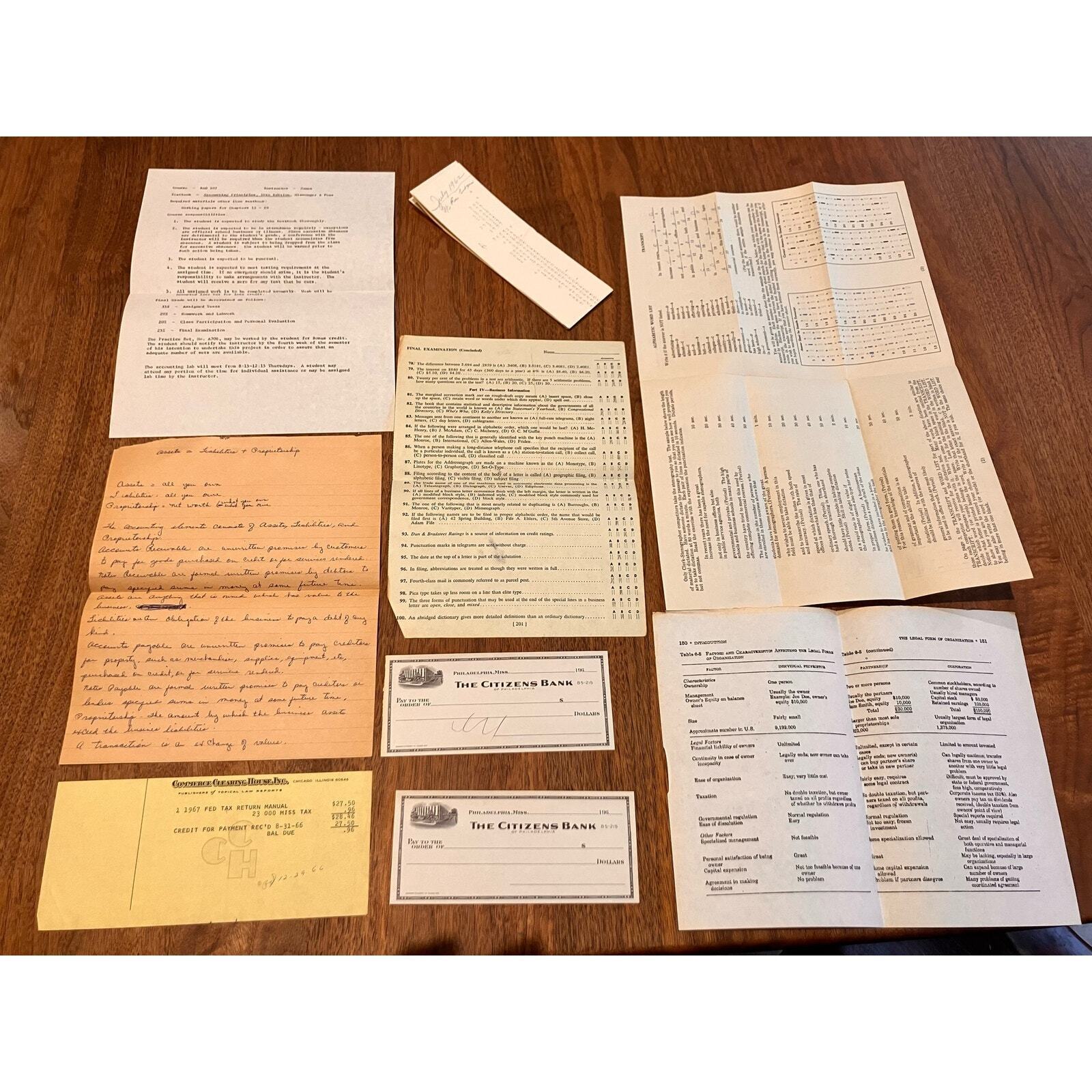 Accounting Student Paper Ephemera 1960s Tests Checks Citizens Bank Notes