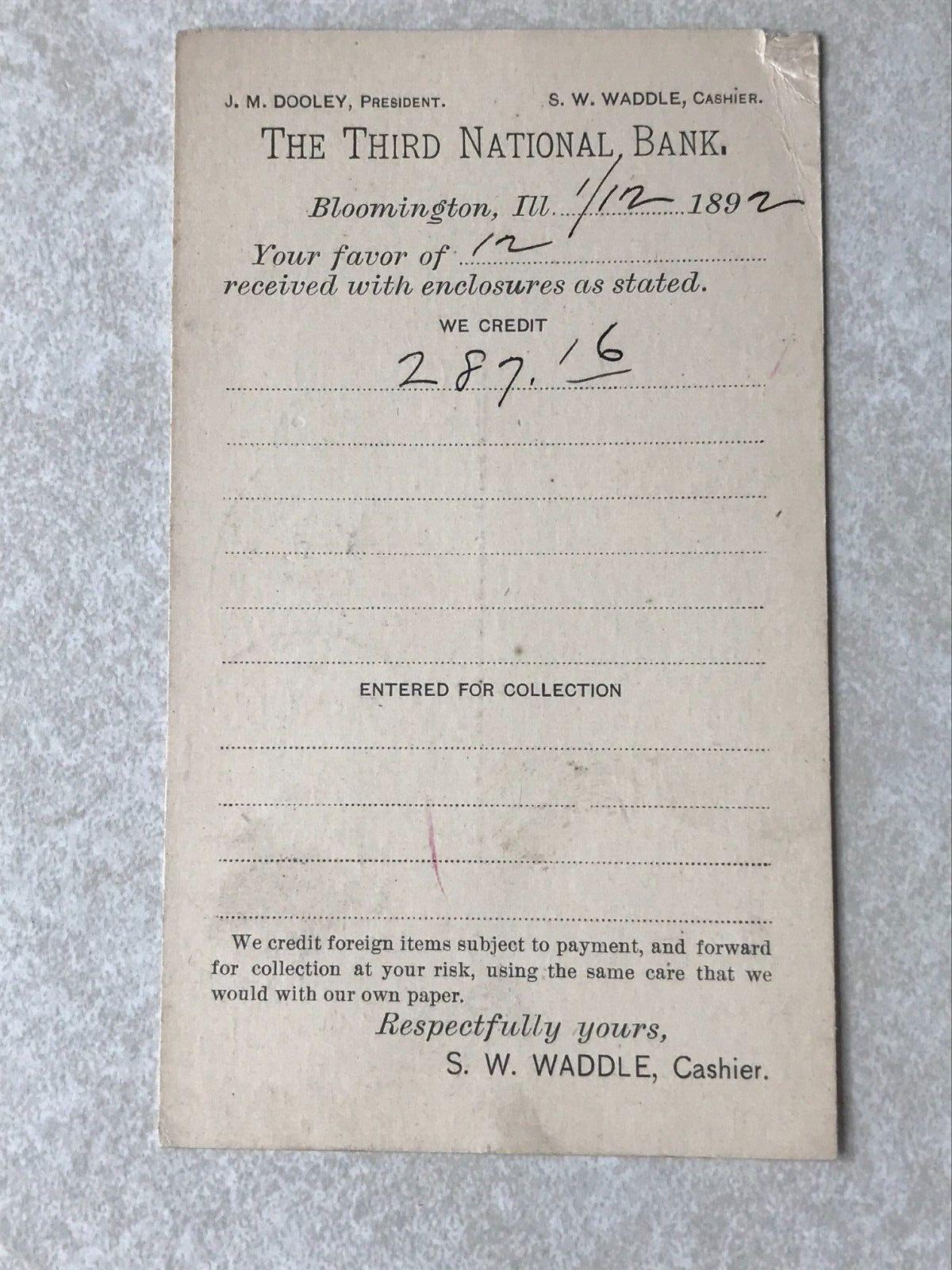 G1212 Postcard Postal Card The Third National Bank Bloomington IL Illinois 1892