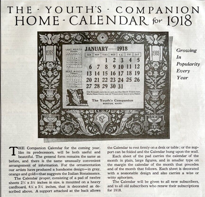 1917 Youth's Companion Calendar Advertisement Full Page Antique LGADYC4