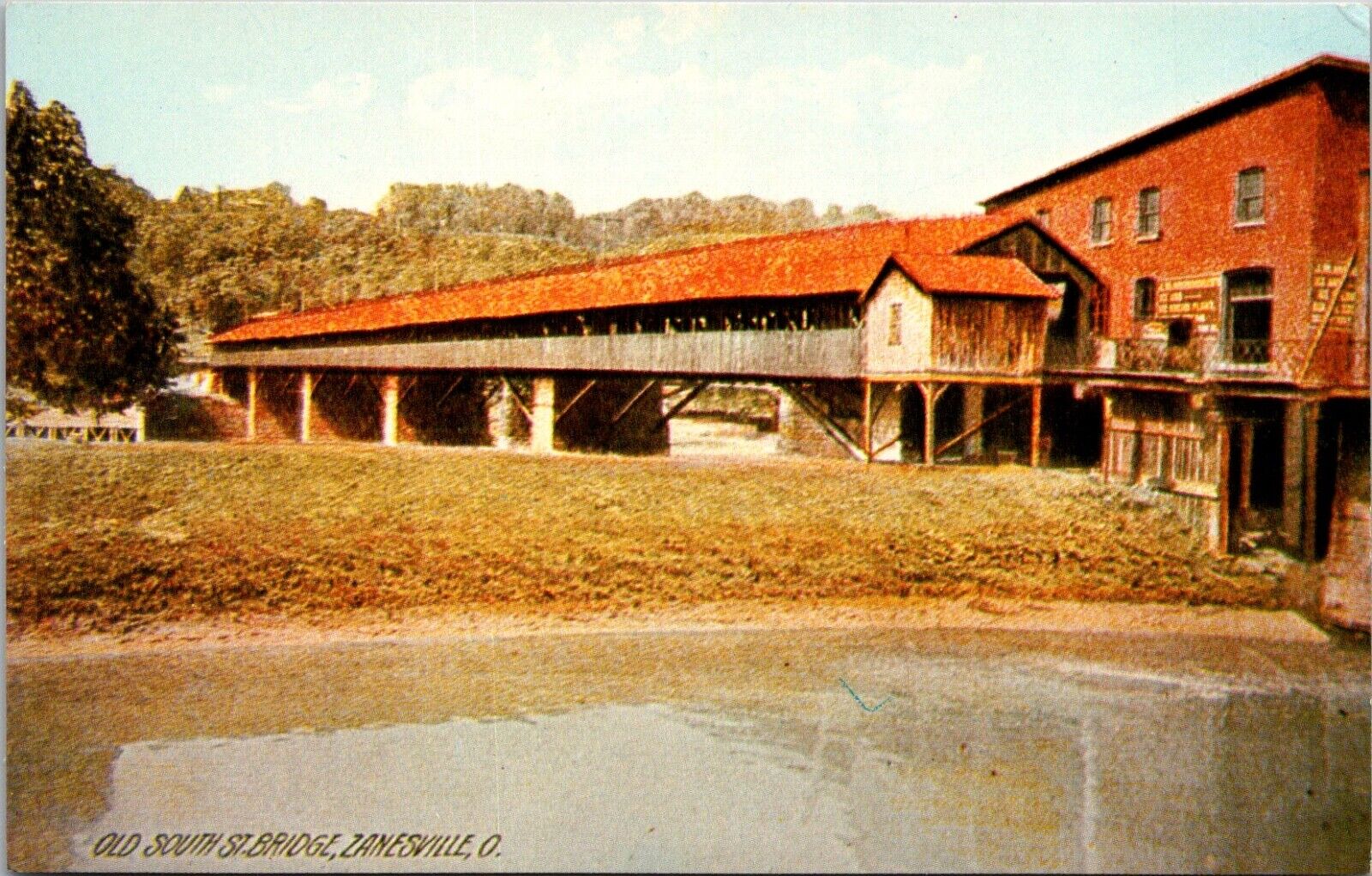 Postcard Zanesville Ohio First Covered Bridge Over Muskingum River Vintage UNP