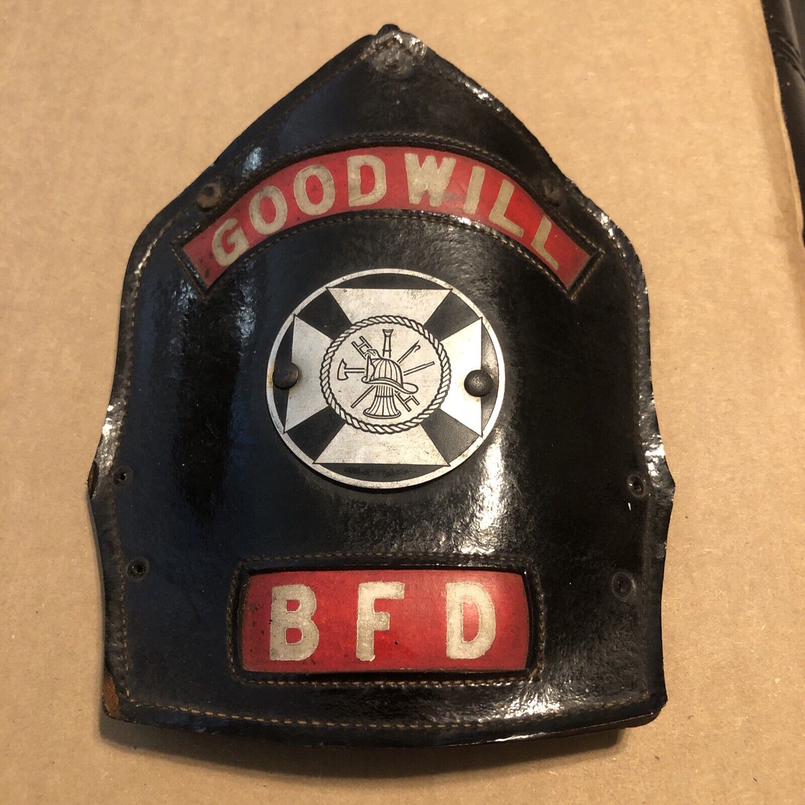 VINTAGE GOODWILL BFD FIREMAN HELMET LEATHER FRONT BADGE SHIELD CAIRNS & BRO Dept