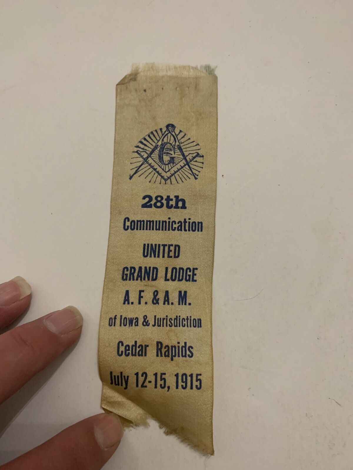 1915 Masonic 28th United Grand Lodge A.F.&A.M. Of Iowa Cedar Rapids Iowa Ribbon
