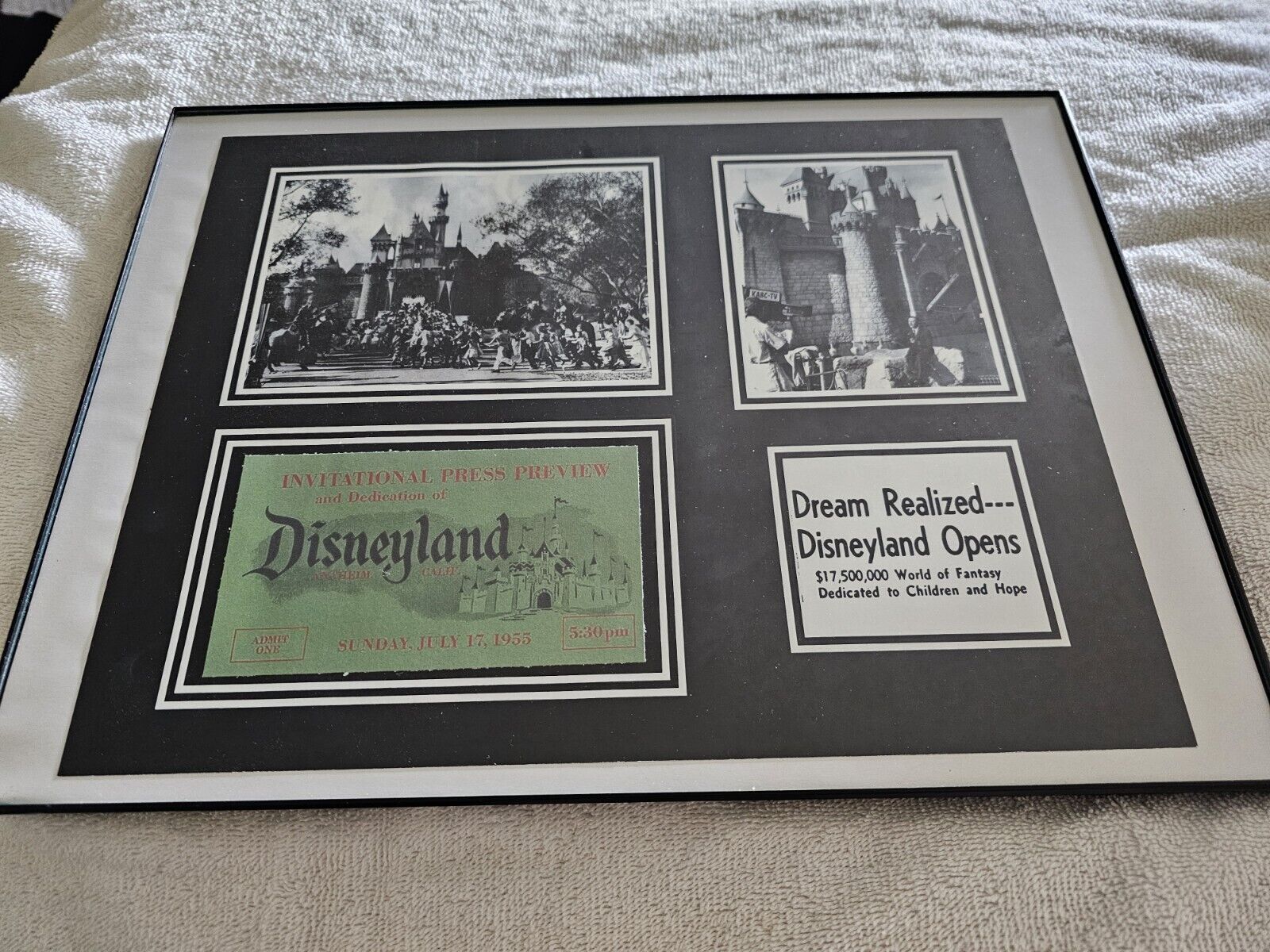 Framed Reproduction DISNEYLAND 1955 Opening Day TICKET and pictures Walt Disney