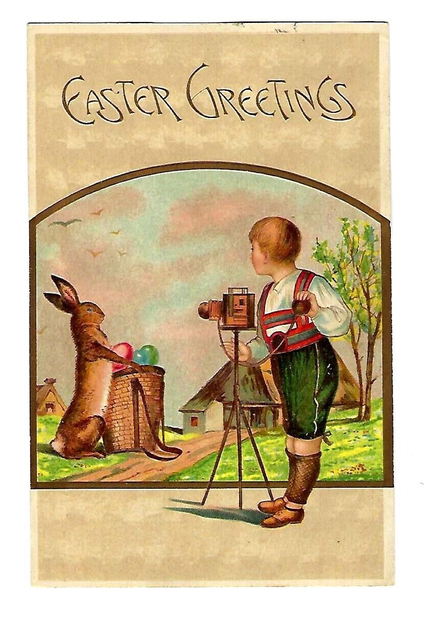 Early 1900\'s Easter Postcard Boy Photographer - Bunny & Basket Portriat