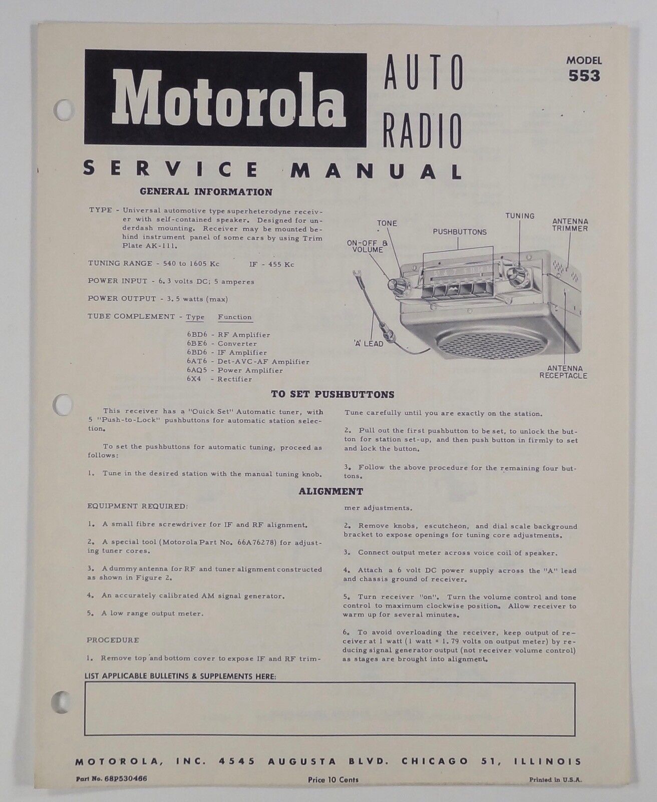 1950s MOTOROLA AUTO RADIO SERVICE MANUAL model 553 car radio DIAGRAMS repair