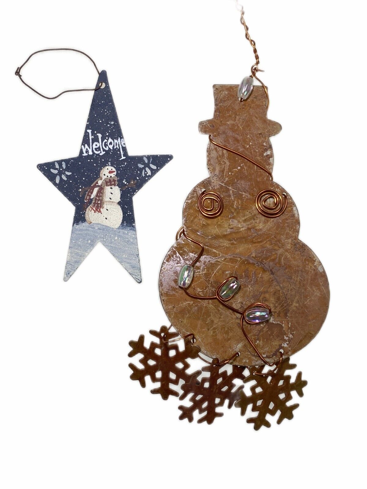 2 Thin Metal Snowman Christmas Ornament Primitive Country