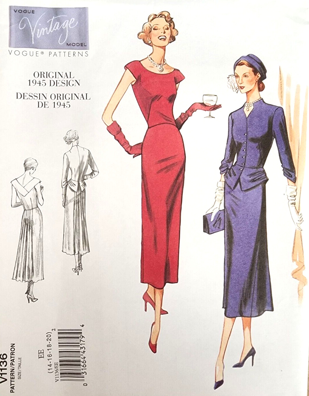 V1136 Vogue 1136 Sewing Pattern 1945 Vintage Misses\' Elegant Jacket Dress 14-20