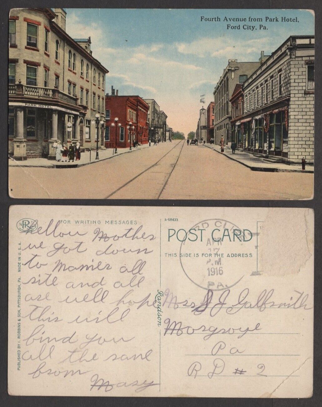 1916 Pennsylvania Postcard - Ford City - Fourth Avenue Street Scene