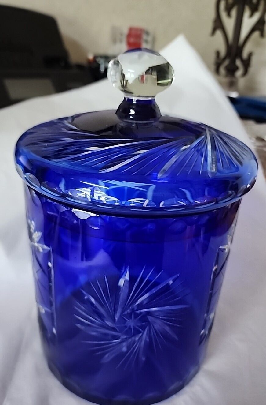 Cobalt Blue Lidded Jar Bohemian Styled Biscuit Jar Blue Cut To Clear Ice Bucket