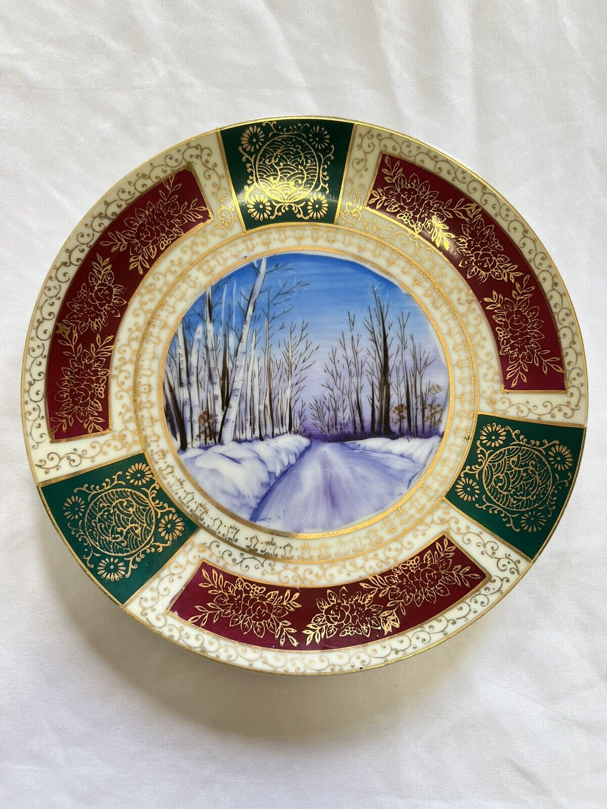 Antique Porcelain Cabinet Plate Hand Painted Winter Scene