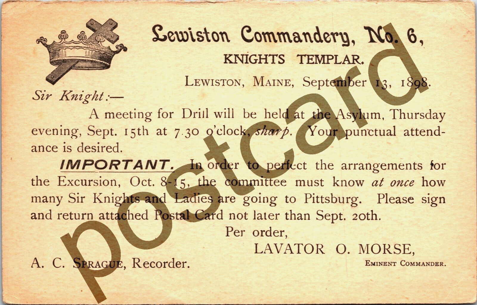 1898 KNIGHTS TEMPLAR, Lewiston ME, Drill at Asylum, Sir Knight, postcard jj304