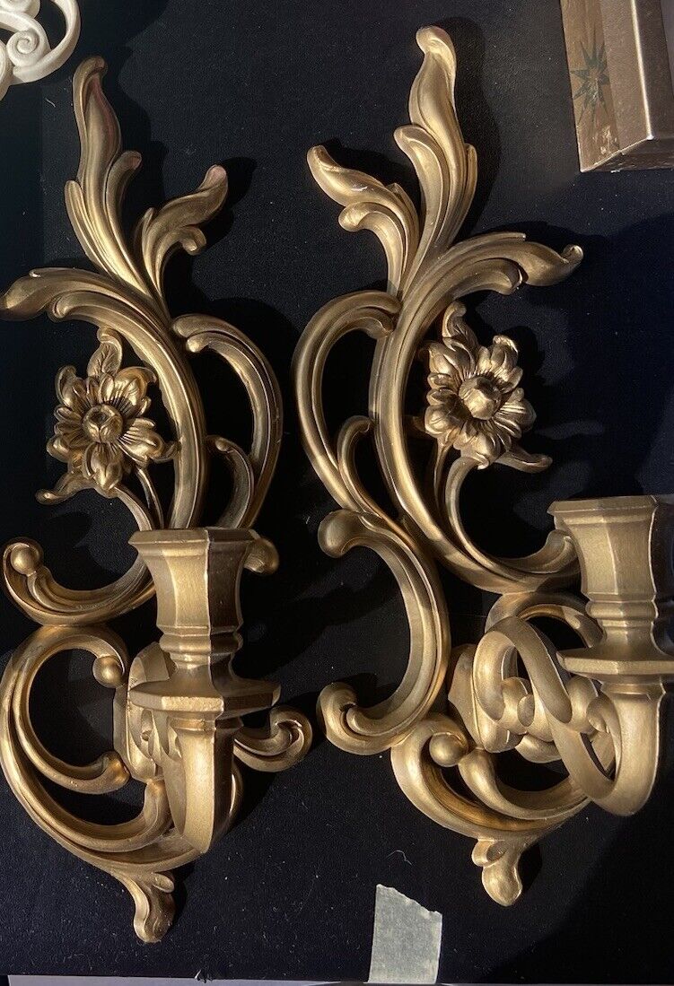 Vintage Syroco Wall Decor Gold Candle Holders Sconces Pair