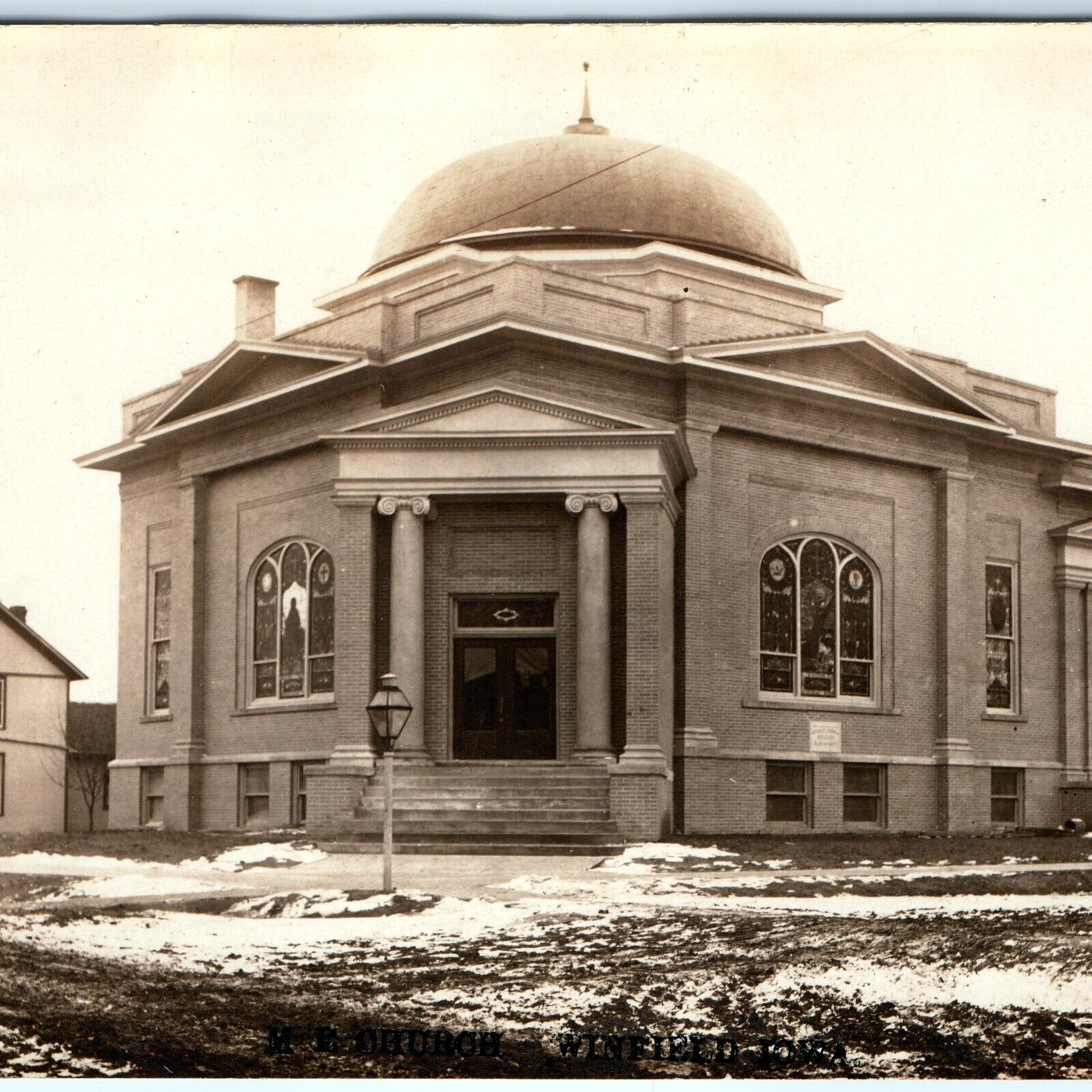 c1910s Winfield, IA RPPC Methodist Church ME Pediment Architecture Dome PC A106