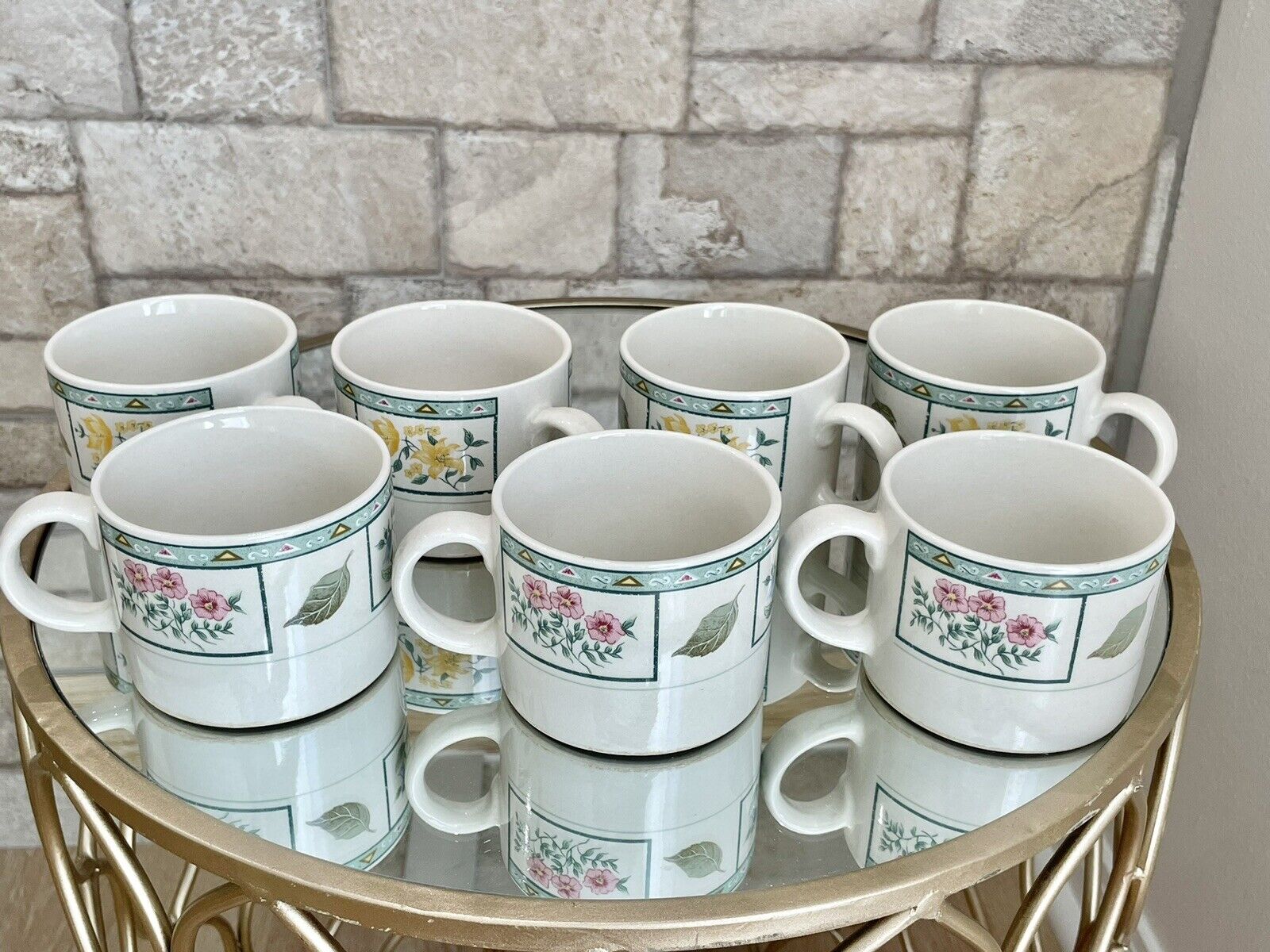 Chelsea Square by The Cellar Set of 7 Coffee Cups/Mugs 3” Ceramic Vintage 1998