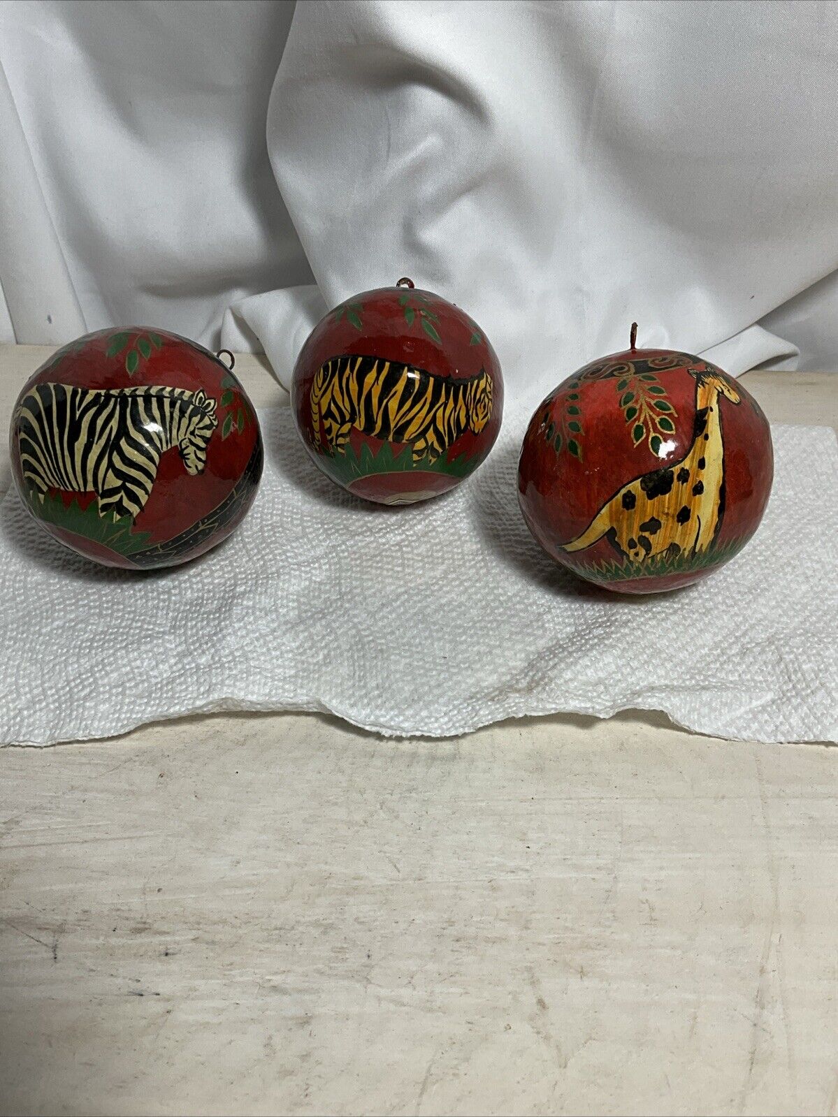 Set Of 3 Christmas Ornament Balls Painted Zebra Giraffe Tiger