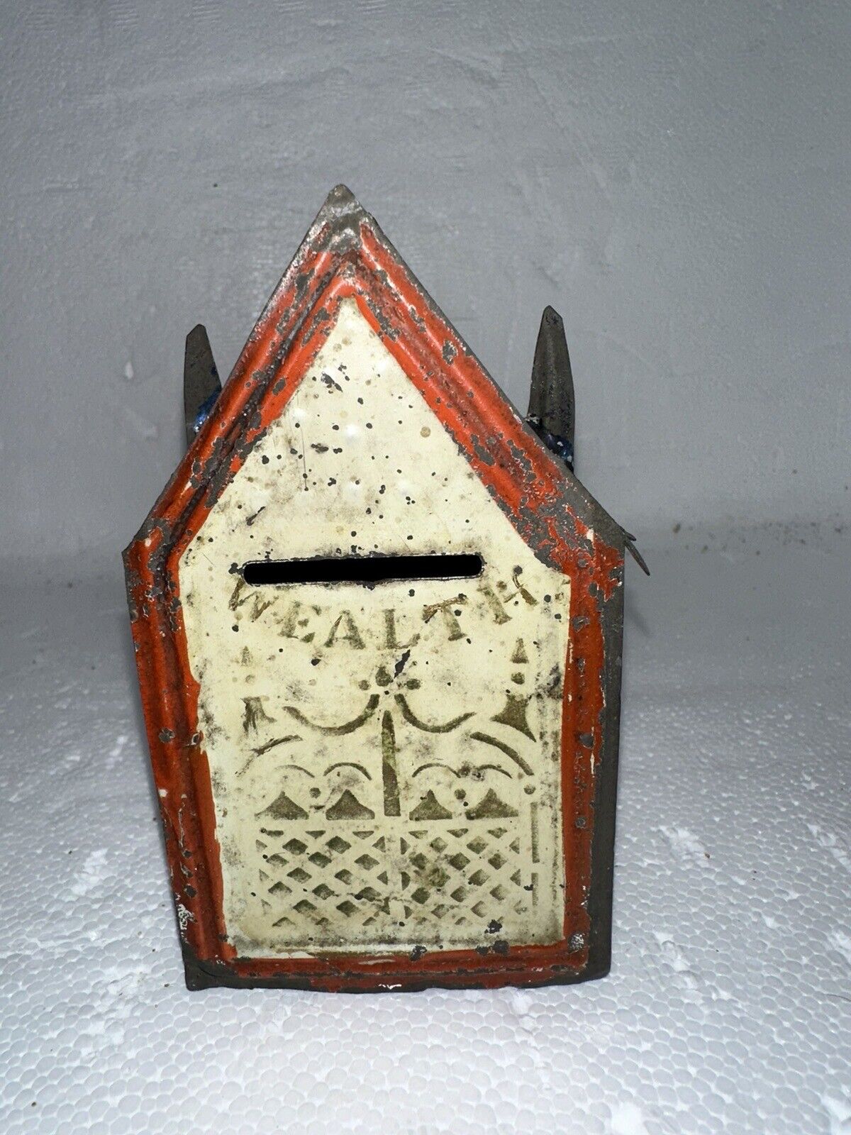 Antique Early American Stenciled Tin House Gothic Toy Penny Bank 1880s 4” WEALTH