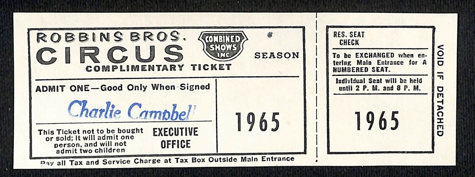 Scarce Robbins Bros. Circus Ticket 1965 Complimentary 