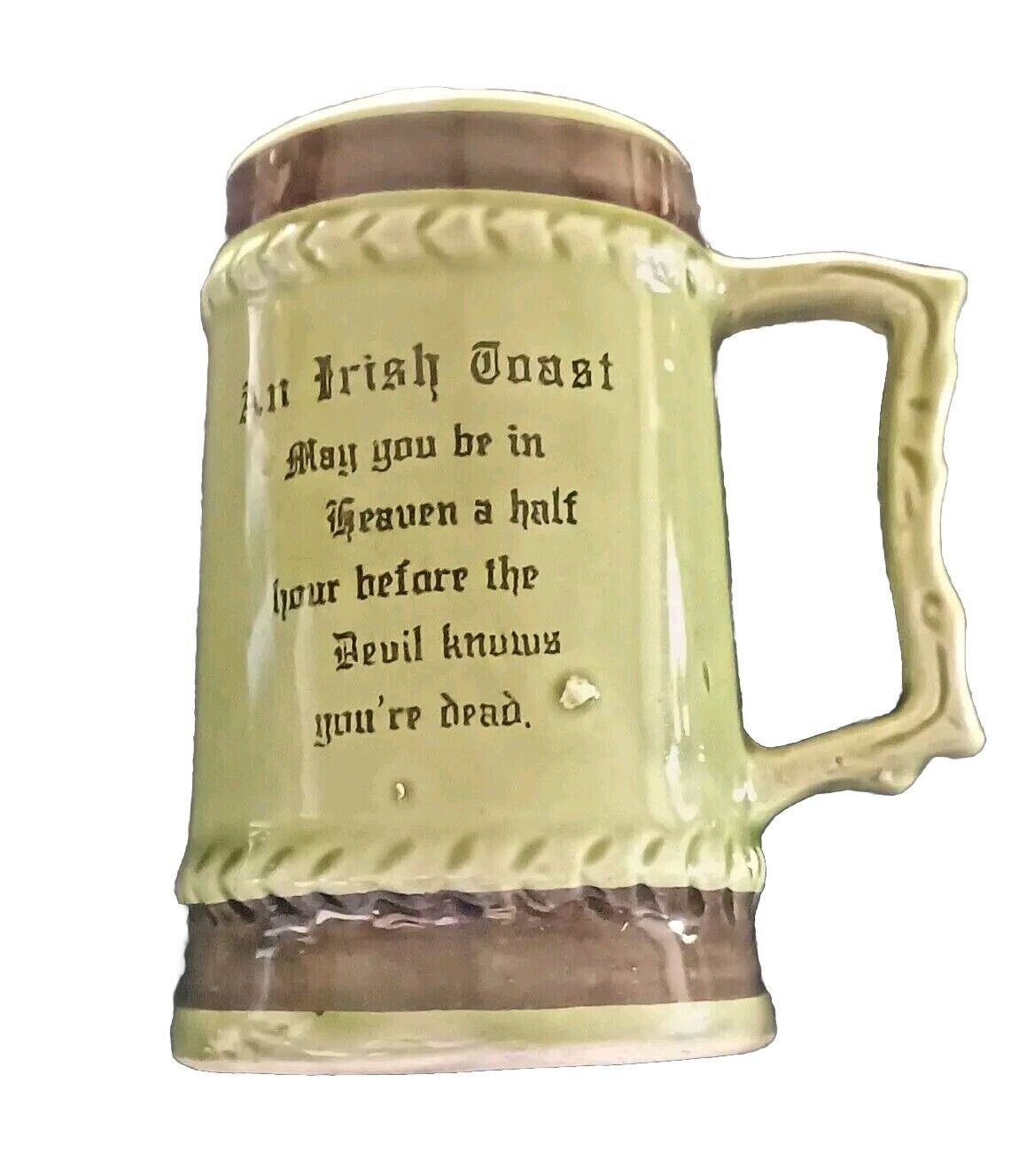 Mini Beer Mug \'An Irish Toast\' 1970s Avocado Green and Brown Ceramic 4 oz. stein