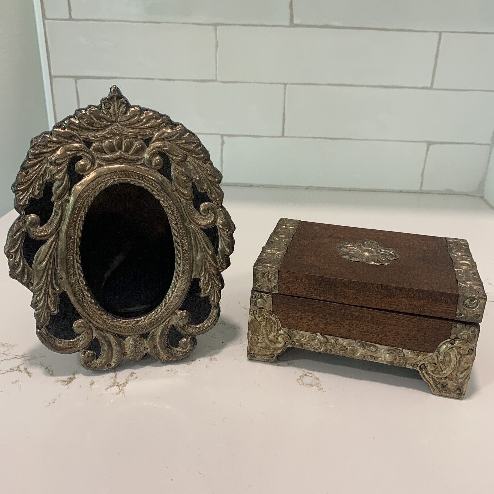 Vintage Embossed Metal Wood Trinket Box Picture Frame Handmade Ornate MCM Set 2