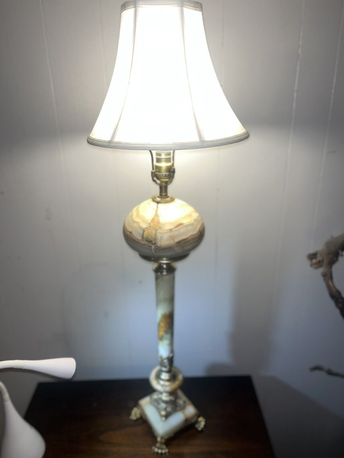 Large art, deco, antique lamp, translucent onyx, huge cloth feet late 1800s