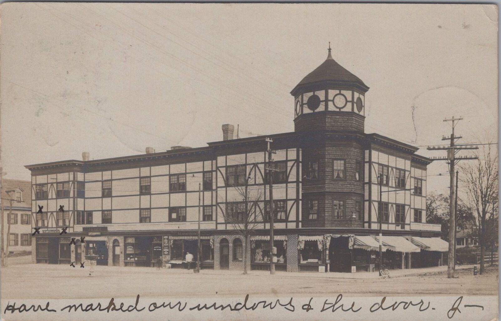 Corner Building Storefront Clock Tower Hyde Park Massachusetts RPPC 1905Postcard