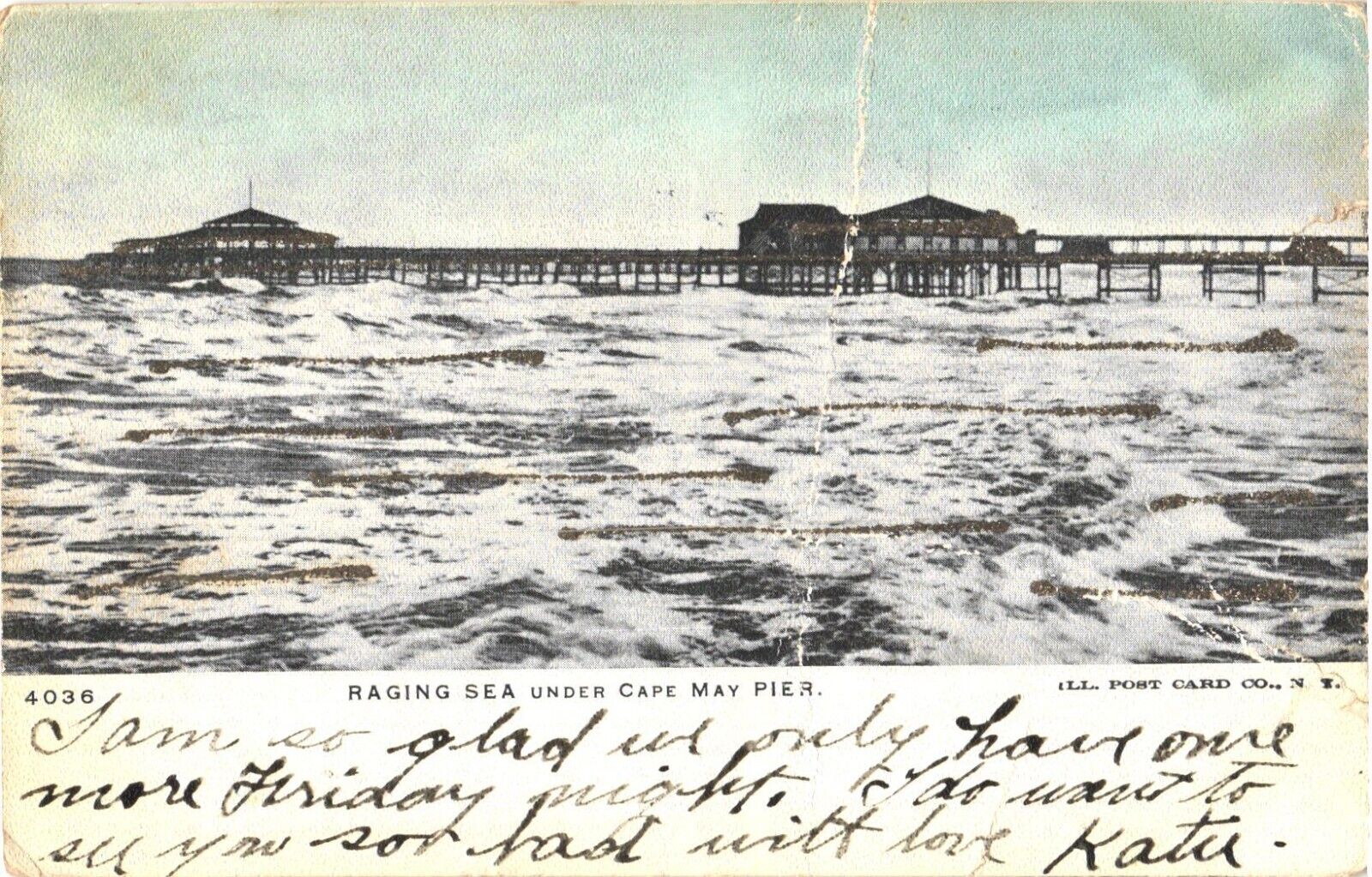 Panorama of Raging Sea Under Cape May Pier, New Jersey Postcard