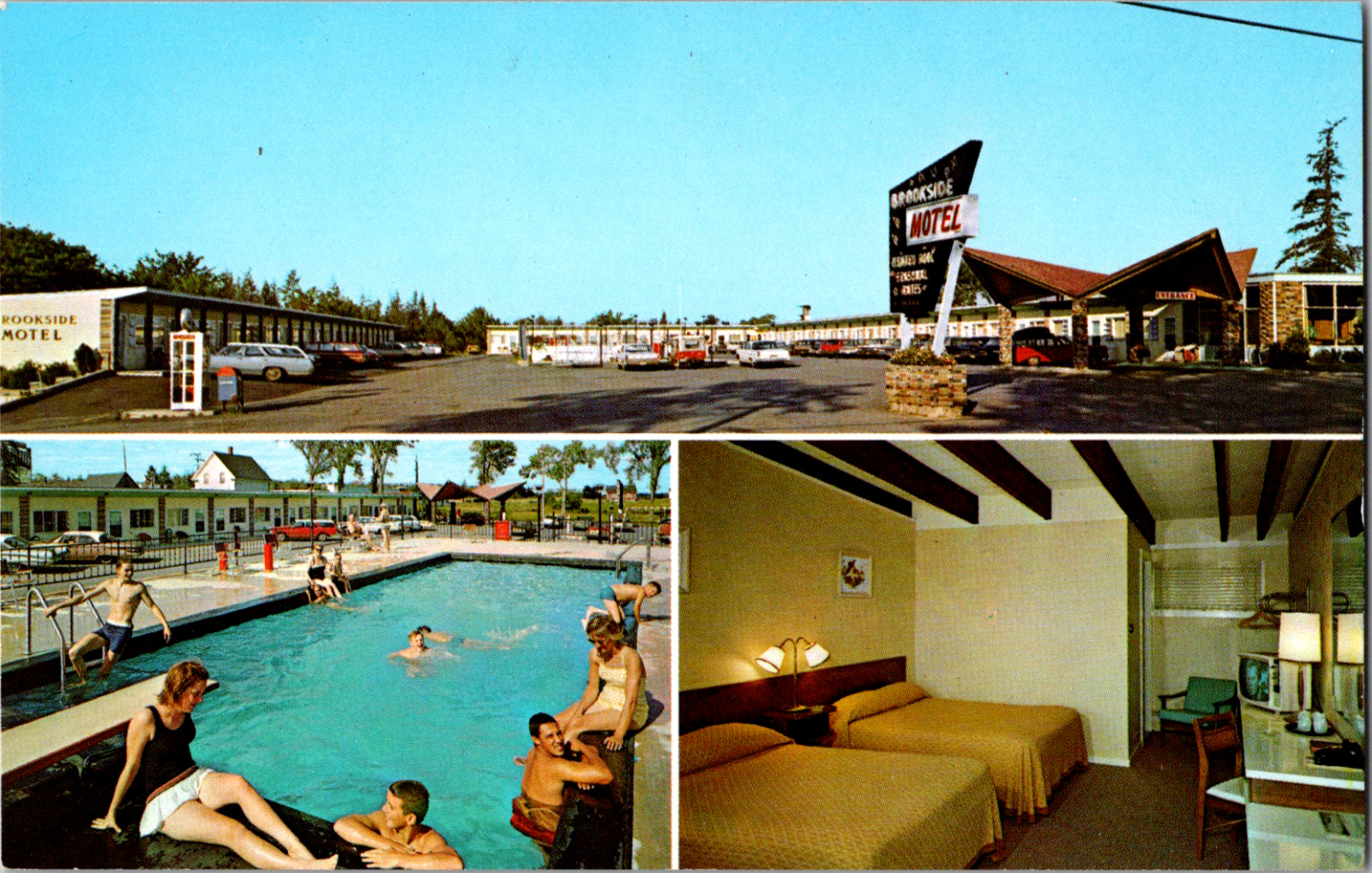 Vintage 1960\'s Brookside Motel Swimming in The Pool Ellsworth Maine ME Postcard