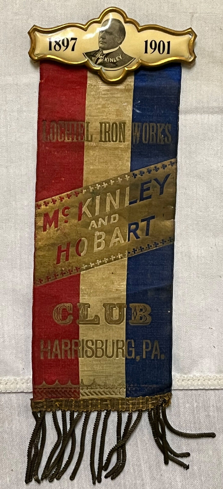 1896 WILLIAM MCKINLEY & HOBART HARRISBURG, PA RIBBON, 2.5\