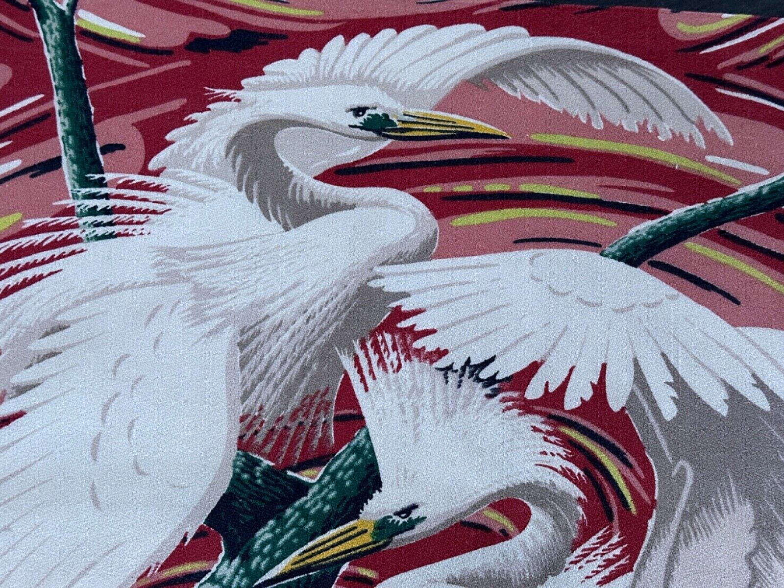 30\'s Art Deco Miami Beach HOTEL Egrets on SWIRL Barkcloth Vintage Fabric PILLOWS