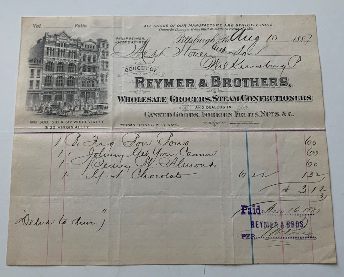 Vintage 1887 Pittsburgh PA Billhead Reymer & Brothers Grocer Steam Confectioners