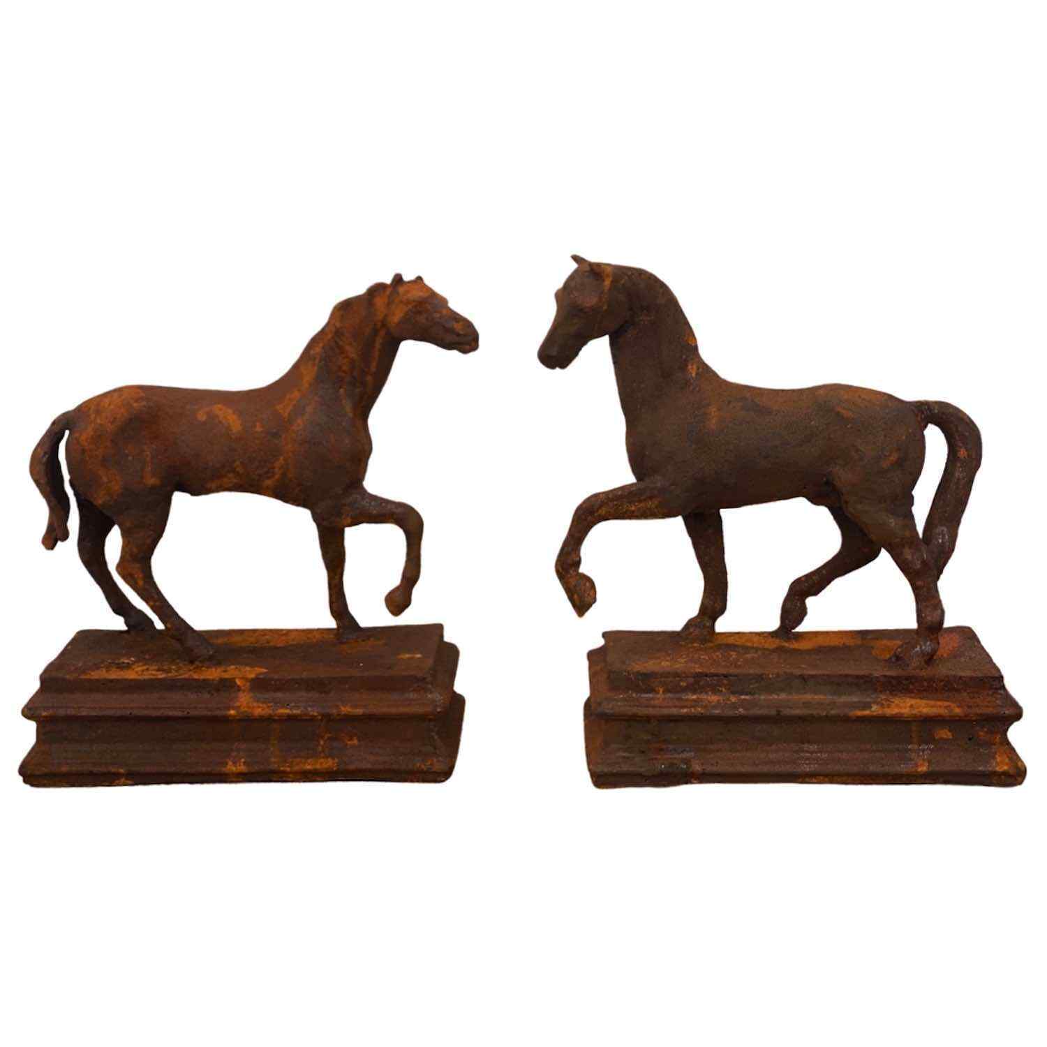 Pair Cast Iron Equestrian Horse Bookends Old Finish
