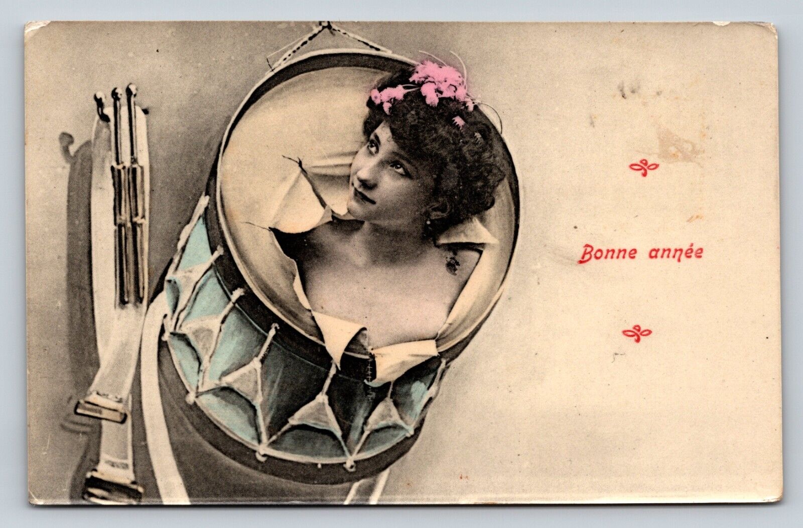 Bare Chest Woman Busts Out of Drum HAPPY NEW YEAR Bonne Année VINTAGE Postcard