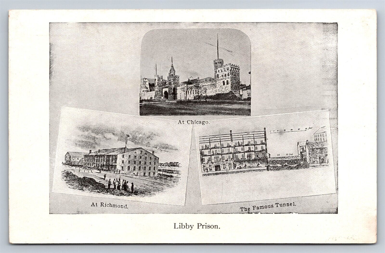Postcard Multiview Libby Prison at Richmond & Chicago Museum & Escape Tunnel AT2