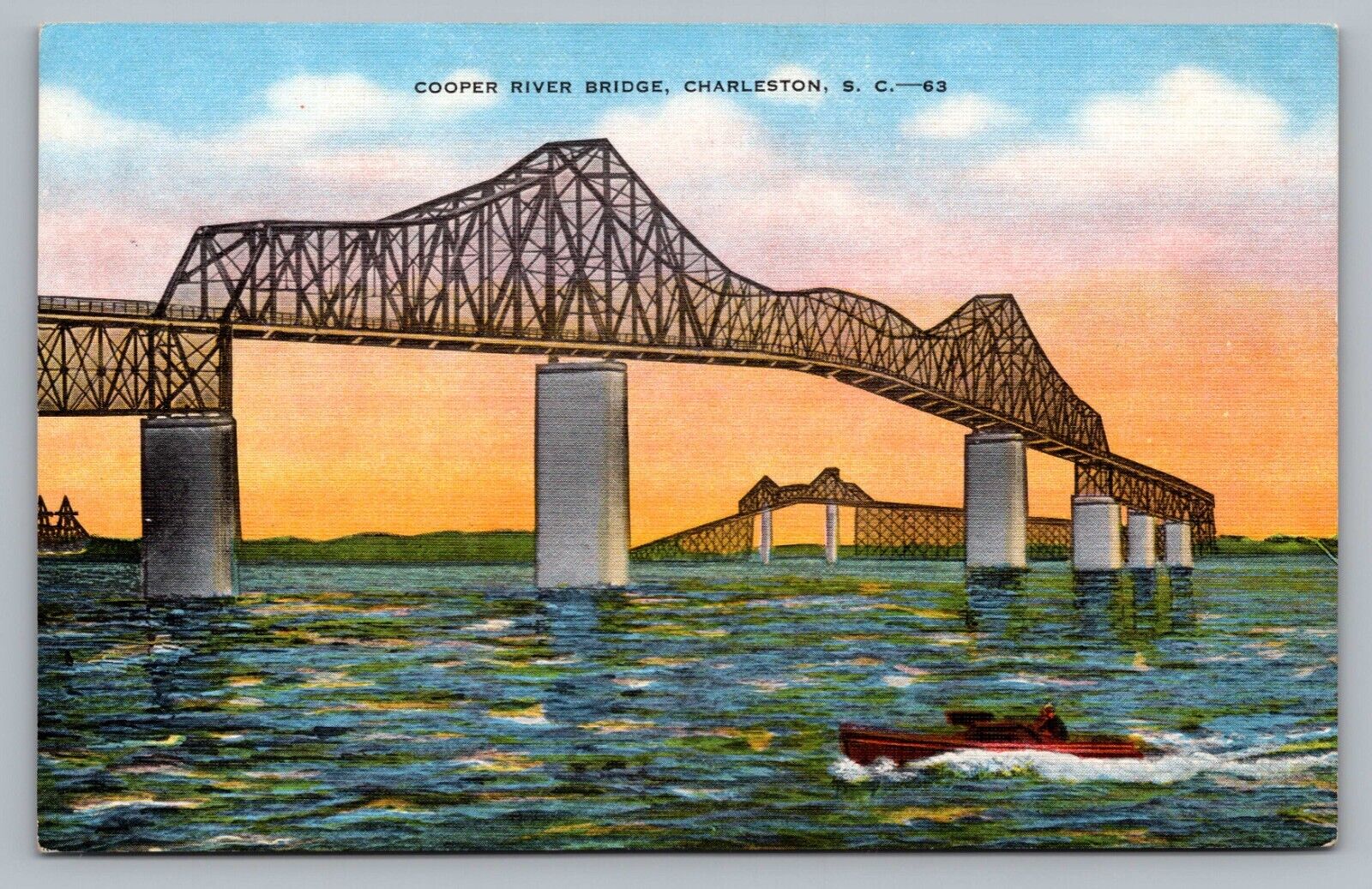 Cooper River Bridge Charleston SC South Carolina Speed Boat Postcard Vintage D5